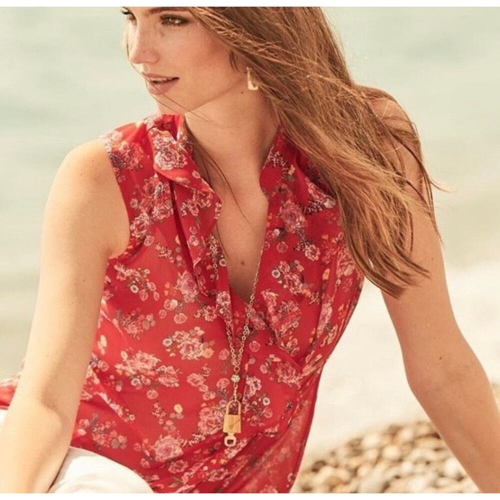 CAbi Red Floral Ruffled Sleeveless Blouse